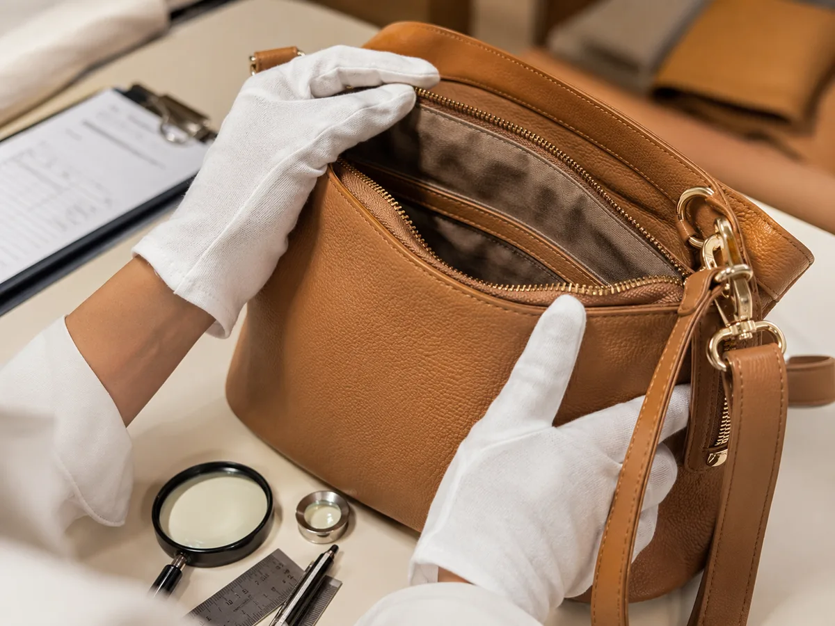 Gloved QC inspection of a leather bag interior and hardware