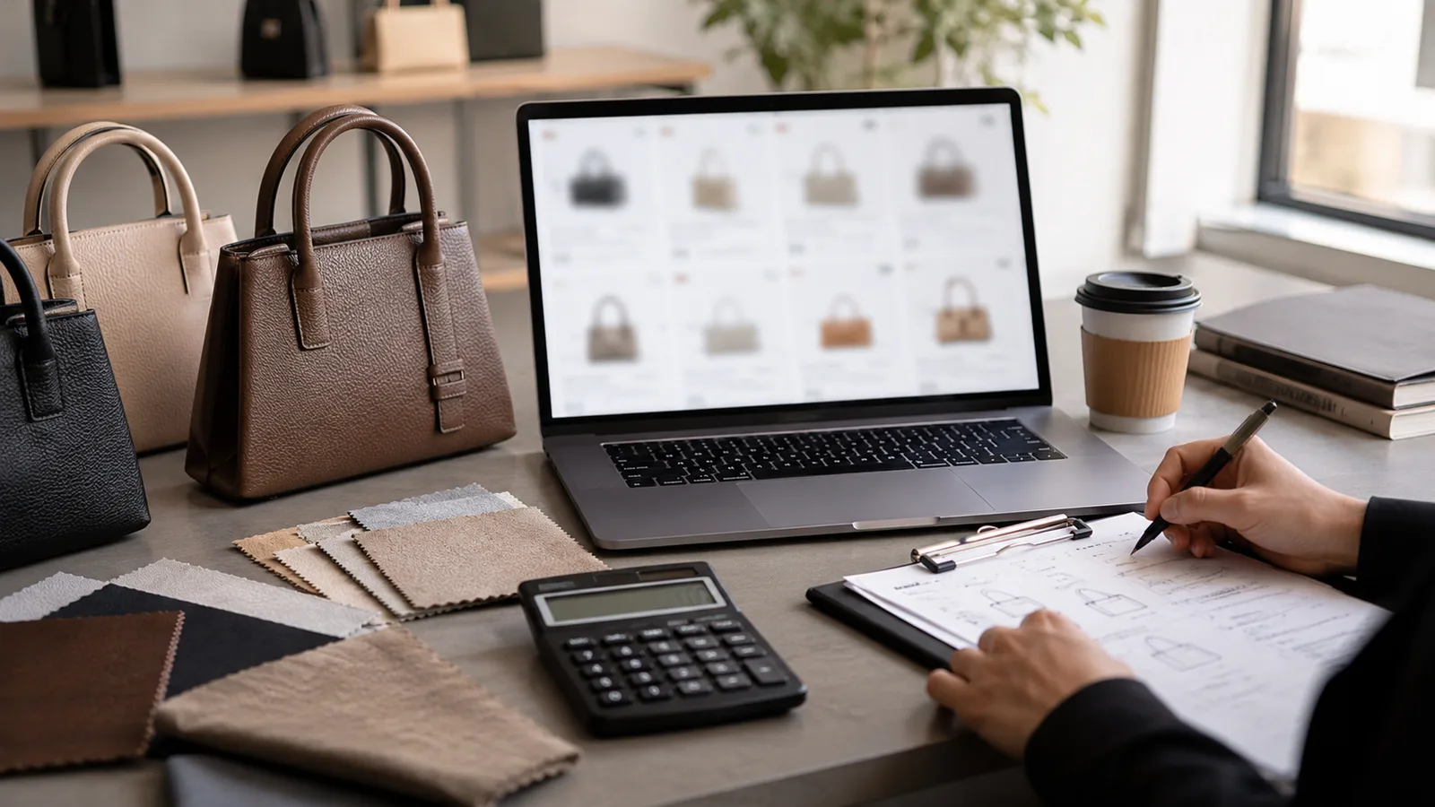 Sourcing desk with reference bags, fabric swatches, and spec notes